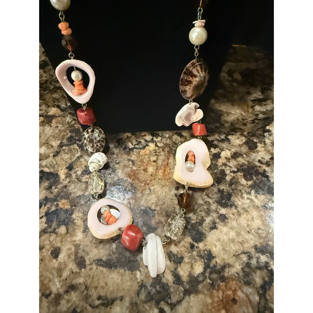 Chicos Womens Necklace Pink Shell Faux Pearl Coral Beaded Long Station Statement